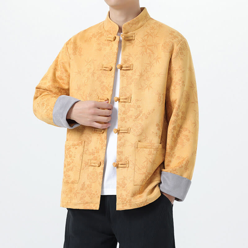 Buddha Stones Herbst Jacquard Bambus Froschknopf Langarm Herren Baumwolljacke mit Taschen - Gold - US/ UK/AU46, EU56 (5XL) - image 1