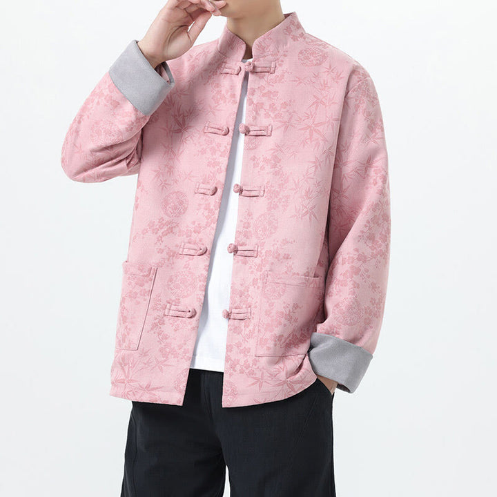 Buddha Stones Herbst Jacquard Bambus Froschknopf Langarm Herren Baumwolljacke mit Taschen - Rosa - US/ UK/AU46, EU56 (5XL) - image 9