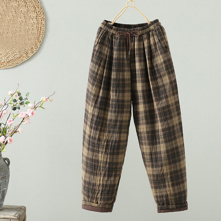 Buddha Stones, mehrfarbig kariertes Baumwoll-Thermo-Haremshose für Damen mit Taschen - Blassgoldenrode - US 8-10, UK/AU 12-14, EU 40-42 (2XL) - image 0