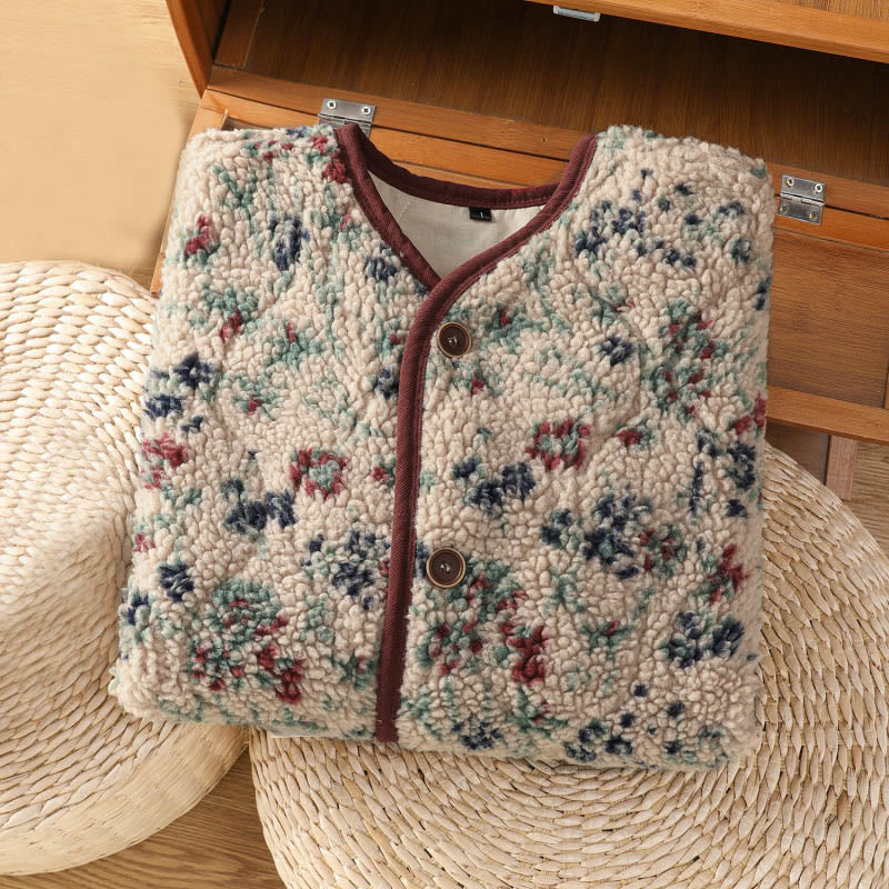 Buddha Stones Damen-Baumwoll-Thermojacke mit Blumenmuster, Knöpfen, langen Ärmeln und Taschen - image 2