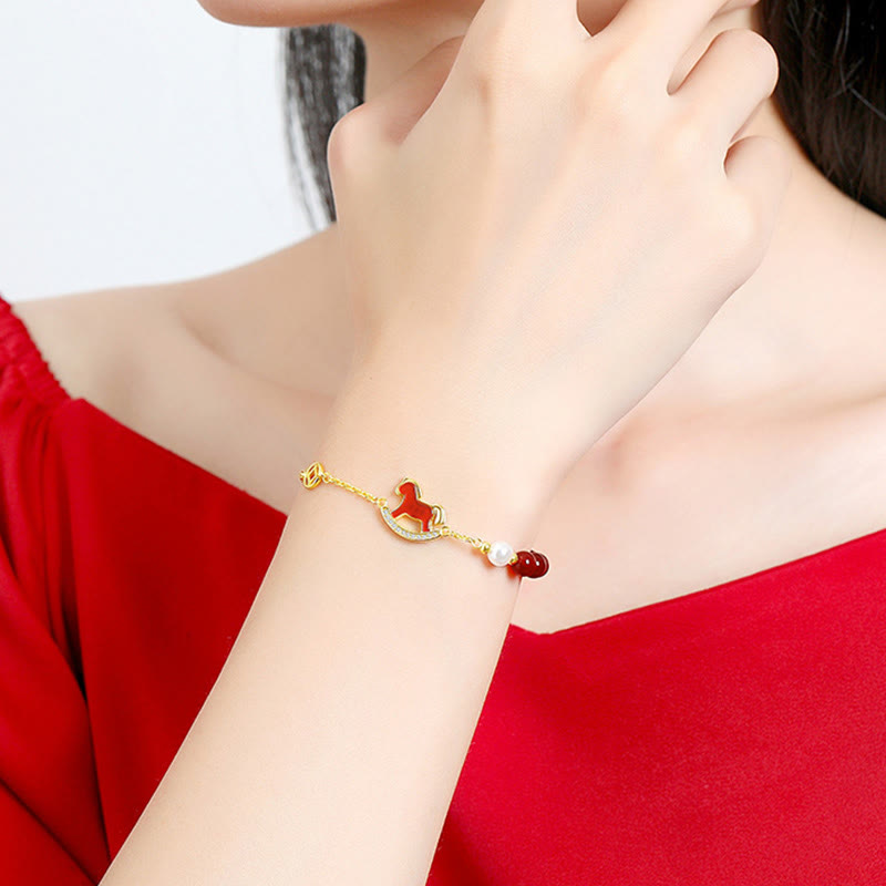 Buddha Stones Armband aus 925er Sterlingsilber mit Anhänger „Jahr des Pferdes“ und rotem Achat - image 4