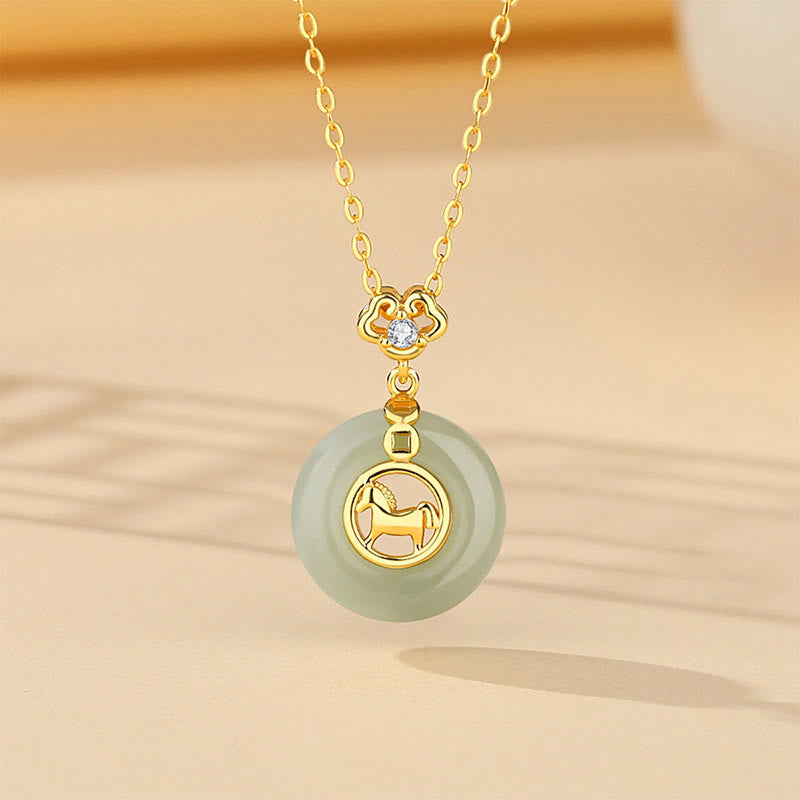 Buddha Stones , 925er Sterlingsilber, Hetian-Jade, Jahr des Pferdes, Friedensschnalle, Glückskette, Anhänger - Pferdehalskette - image 0