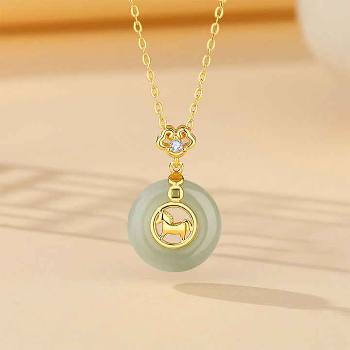 Buddha Stones , 925er Sterlingsilber, Hetian-Jade, Jahr des Pferdes, Friedensschnalle, Glückskette, Anhänger - Pferdehalskette - image 0