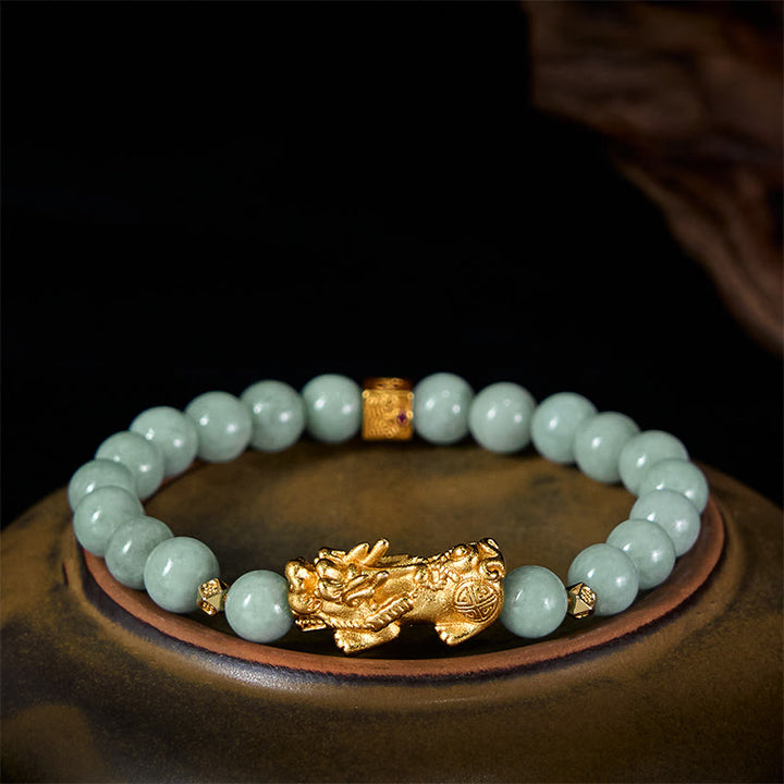 Buddha Stones, goldenes Pi-Xiu-Anhänger-Jade-Glücks- und Wohlstands-Perlenarmband - 8 mm Jade (Handgelenkumfang: 14-16 cm) - image 0