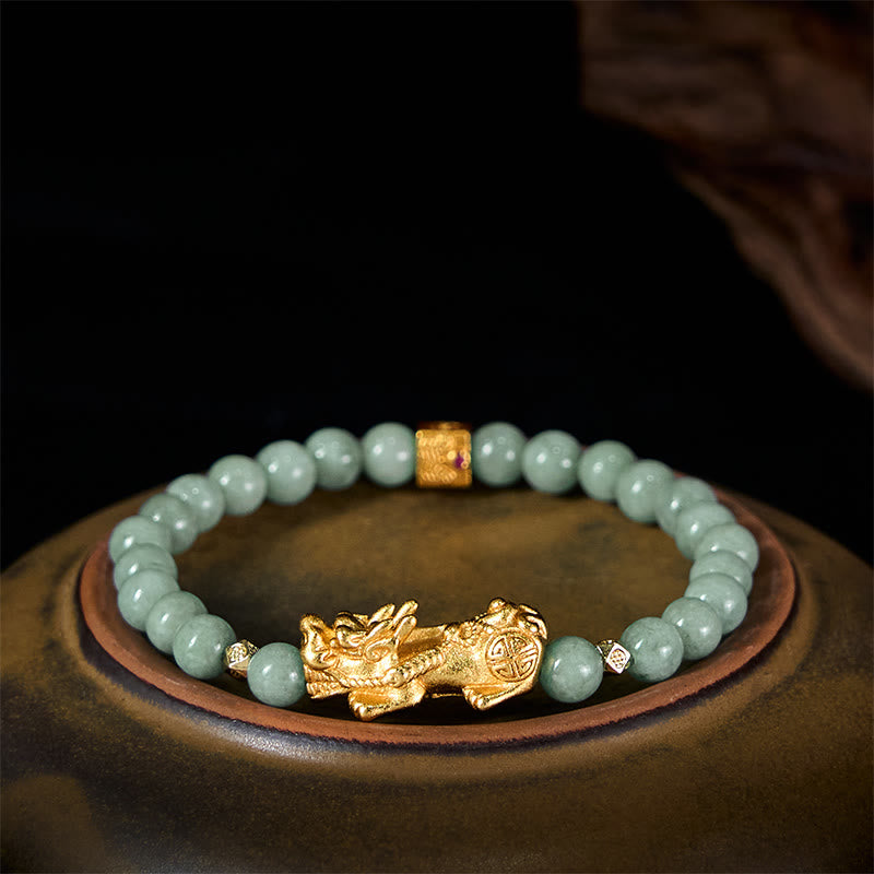 Buddha Stones, goldenes Pi-Xiu-Anhänger-Jade-Glücks- und Wohlstands-Perlenarmband - 6 mm Jade (Handgelenkumfang: 14-16 cm) - image 9