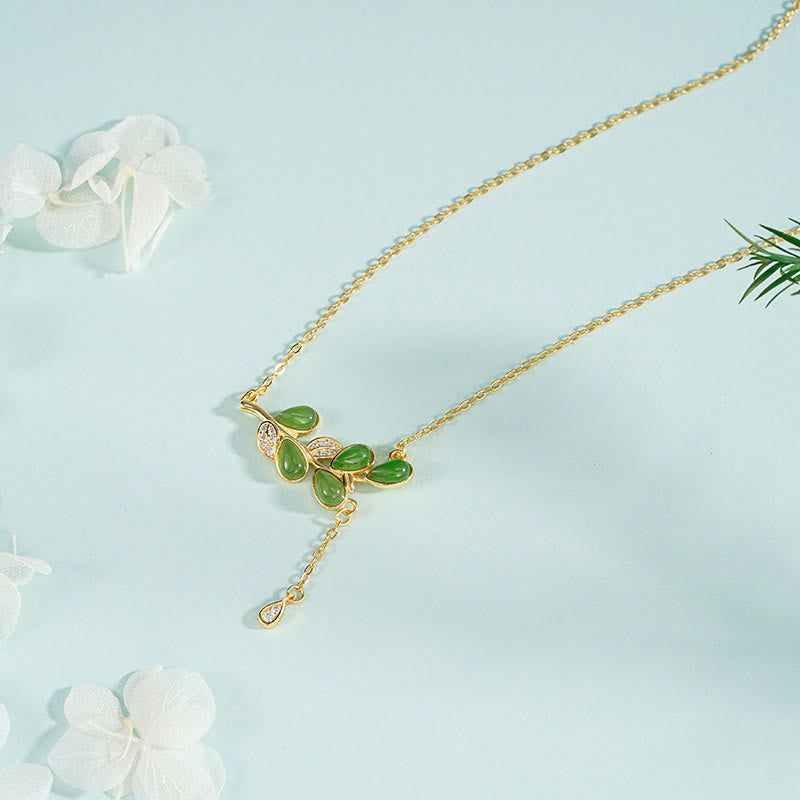 Buddha Stones , 925er Sterlingsilber, Blätterquasten-Design, grüner Jaspis, Schutzhalskette, Pandant - Halskette aus 925er Sterlingsilber - image 1