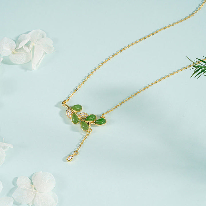 Buddha Stones , 925er Sterlingsilber, Blätterquasten-Design, grüner Jaspis, Schutzhalskette, Pandant - Halskette aus 925er Sterlingsilber - image 1