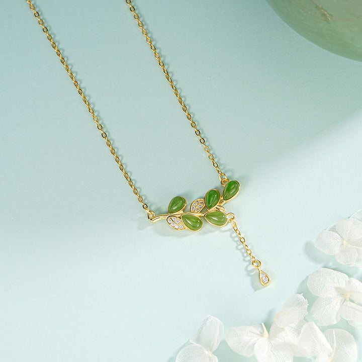 Buddha Stones , 925er Sterlingsilber, Blätterquasten-Design, grüner Jaspis, Schutzhalskette, Pandant - image 2