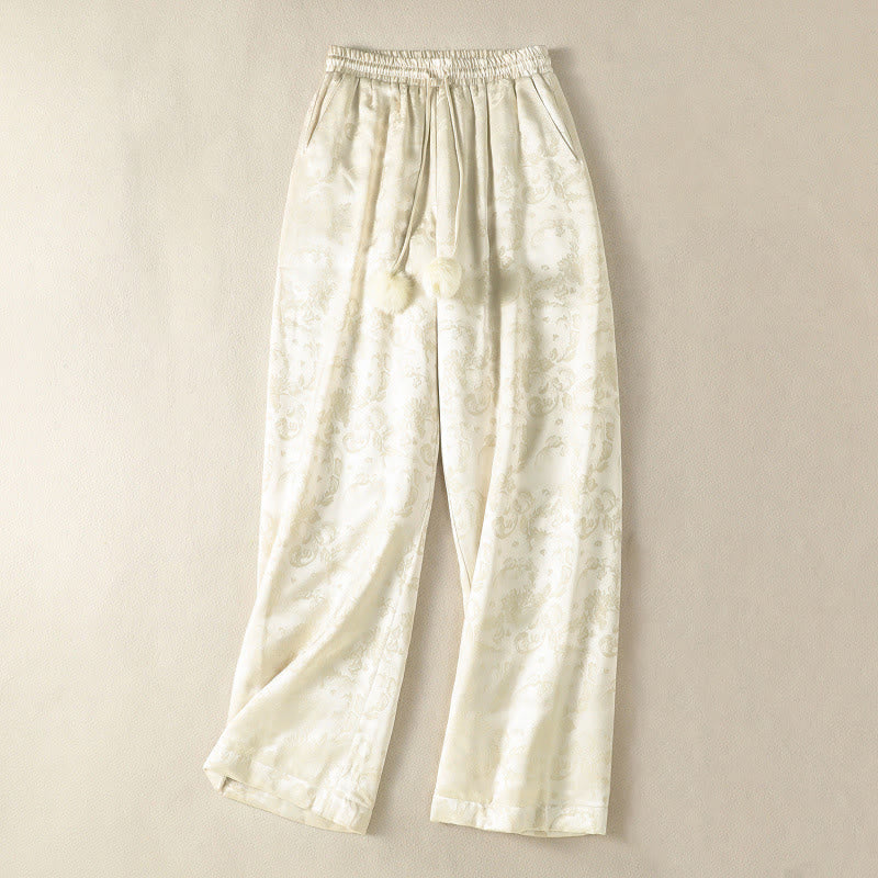 Buddha Stones Jacquard High Waist Design Damen Weites Bein Thermohose mit Taschen - Beige - US 8-10, UK/AU 12-14, EU 40-42 (2XL) - image 0