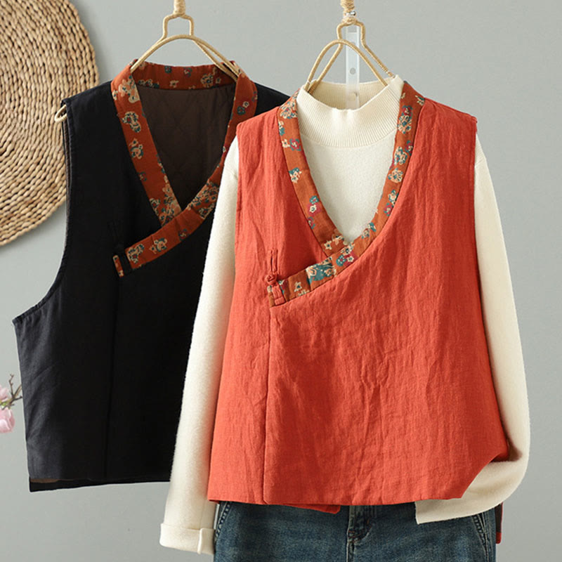 Ärmellose Damenweste mit Buddha Stones Blumenmuster, V-Ausschnitt und Froschknopfverschluss - image 1