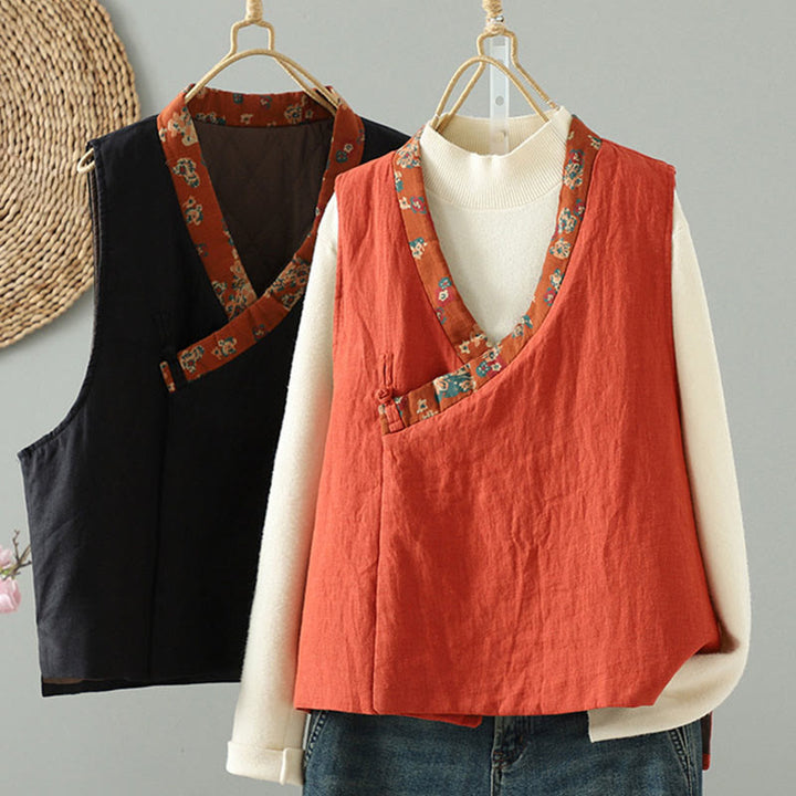 Ärmellose Damenweste mit Buddha Stones Blumenmuster, V-Ausschnitt und Froschknopfverschluss - image 1