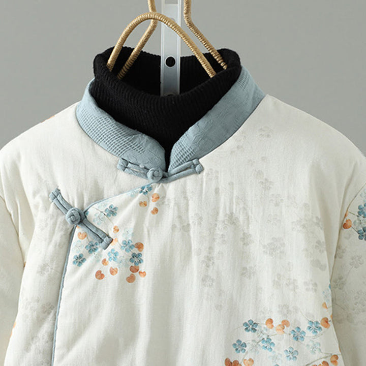 Buddha Stones Damen-Thermojacke mit langen Ärmeln, blauem Blumenmuster und Froschknopfverschluss - image 2