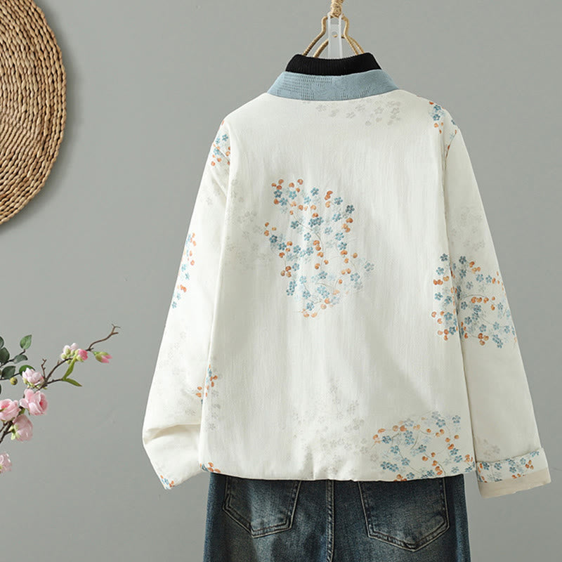 Buddha Stones Damen-Thermojacke mit langen Ärmeln, blauem Blumenmuster und Froschknopfverschluss - image 1