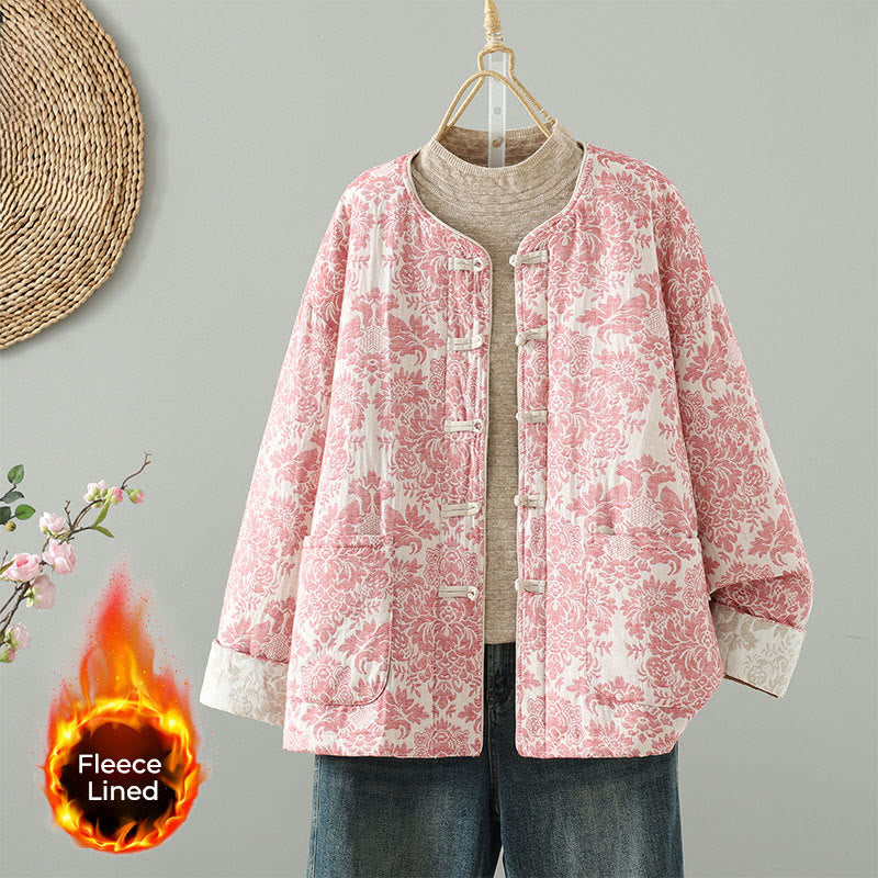 Buddha Stones Damen-Thermojacke mit Pfingstrosenmuster, Froschknopfverschluss, langen Ärmeln und Taschen - Lachs - US 8-10, UK/AU 12-14, EU 40-42 (2XL) - image 0