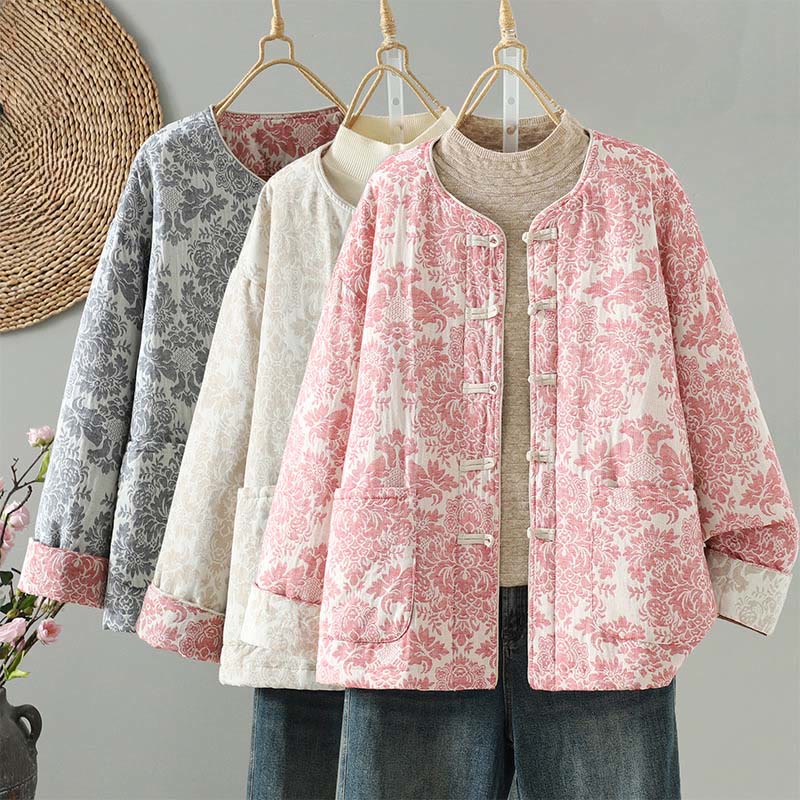 Buddha Stones Damen-Thermojacke mit Pfingstrosenmuster, Froschknopfverschluss, langen Ärmeln und Taschen - image 1