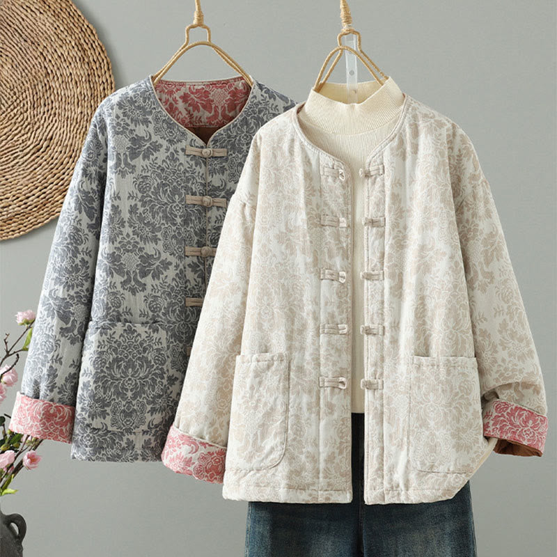 Buddha Stones Damen-Thermojacke mit Pfingstrosenmuster, Froschknopfverschluss, langen Ärmeln und Taschen - image 27