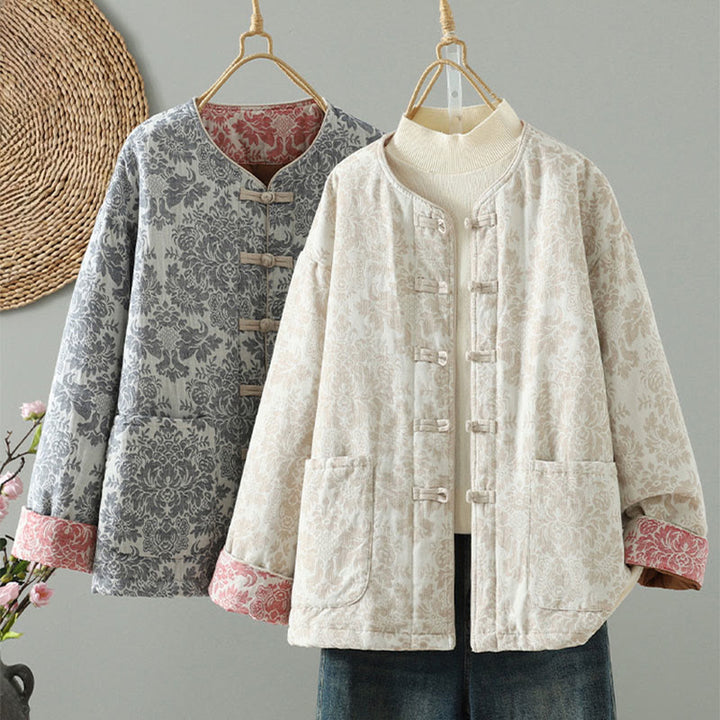 Buddha Stones Damen-Thermojacke mit Pfingstrosenmuster, Froschknopfverschluss, langen Ärmeln und Taschen - image 27