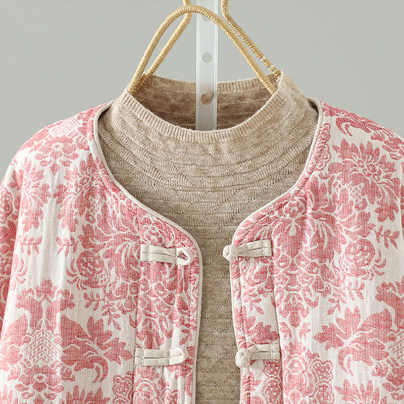 Buddha Stones Damen-Thermojacke mit Pfingstrosenmuster, Froschknopfverschluss, langen Ärmeln und Taschen - image 3