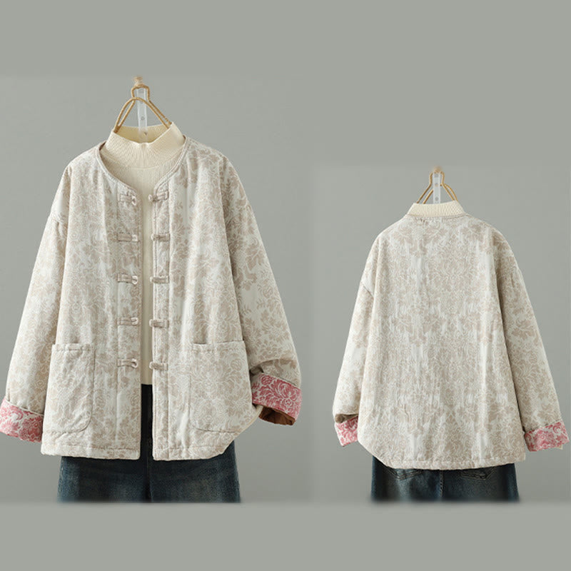 Buddha Stones Damen-Thermojacke mit Pfingstrosenmuster, Froschknopfverschluss, langen Ärmeln und Taschen - image 21