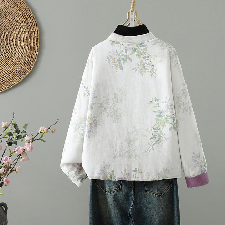 Buddha Stones Damen-Thermojacke mit lila Blütenblättern, Froschknopfverschluss und langen Ärmeln - image 1