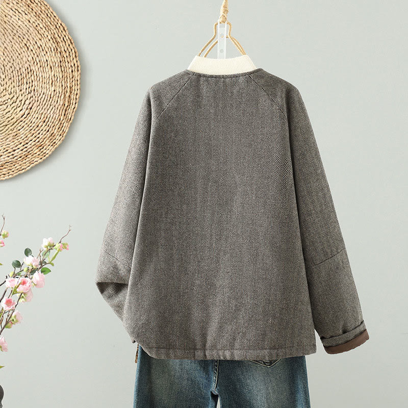 Buddha Stones Damen-Thermojacke mit braunem Knopfdesign, langen Ärmeln und Taschen - image 1