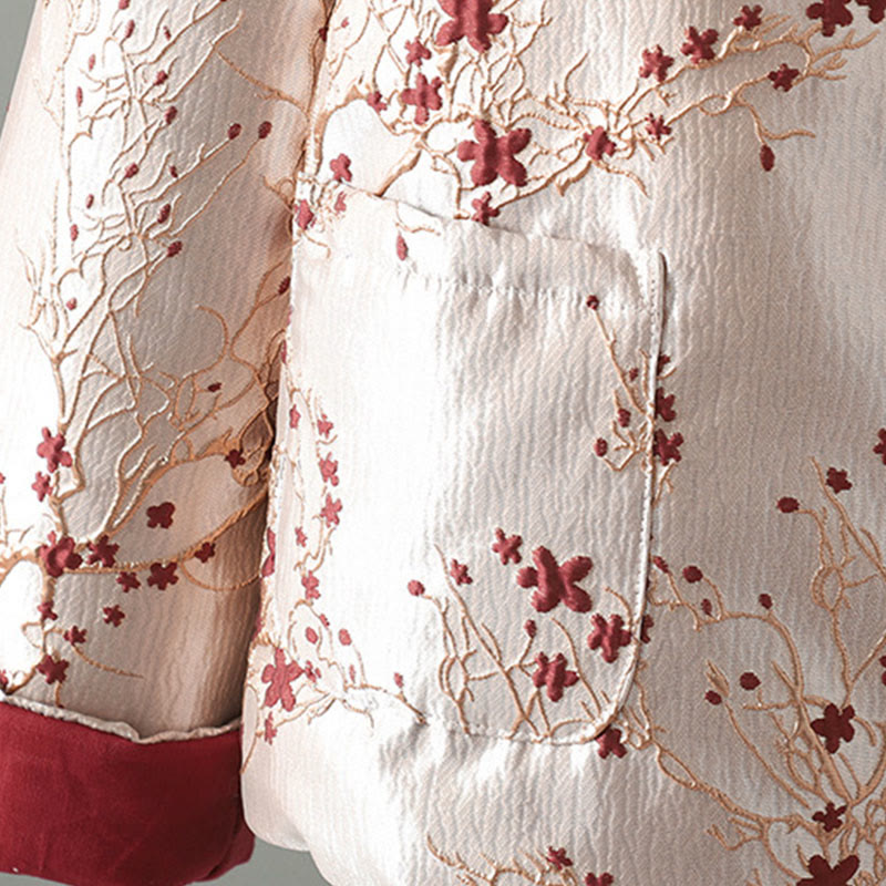 Langärmlige, thermische Damenjacke mit Taschen, verziert mit Buddha Stones, roten Blumen, Rankenknöpfen und einem Design aus Ranken und Buddha-Steinen - image 9