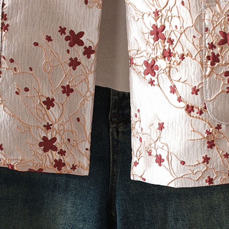 Langärmlige, thermische Damenjacke mit Taschen, verziert mit Buddha Stones, roten Blumen, Rankenknöpfen und einem Design aus Ranken und Buddha-Steinen - image 6