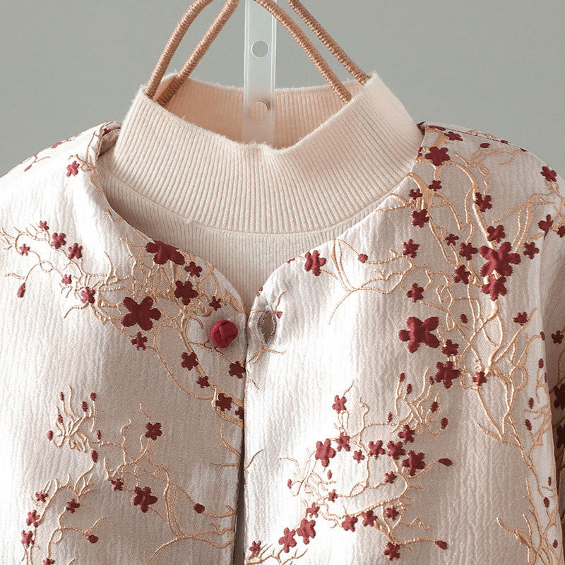 Langärmlige, thermische Damenjacke mit Taschen, verziert mit Buddha Stones, roten Blumen, Rankenknöpfen und einem Design aus Ranken und Buddha-Steinen - image 2