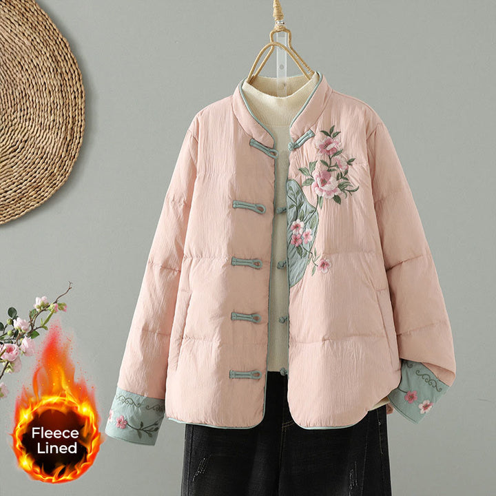 Buddha Stones , Pfirsichblütenstickerei, Froschknopfleiste, langärmelige Thermojacke für Damen mit Taschen - Rosa - US 8-10, UK/AU 12-14, EU 40-42 (2XL) - image 1