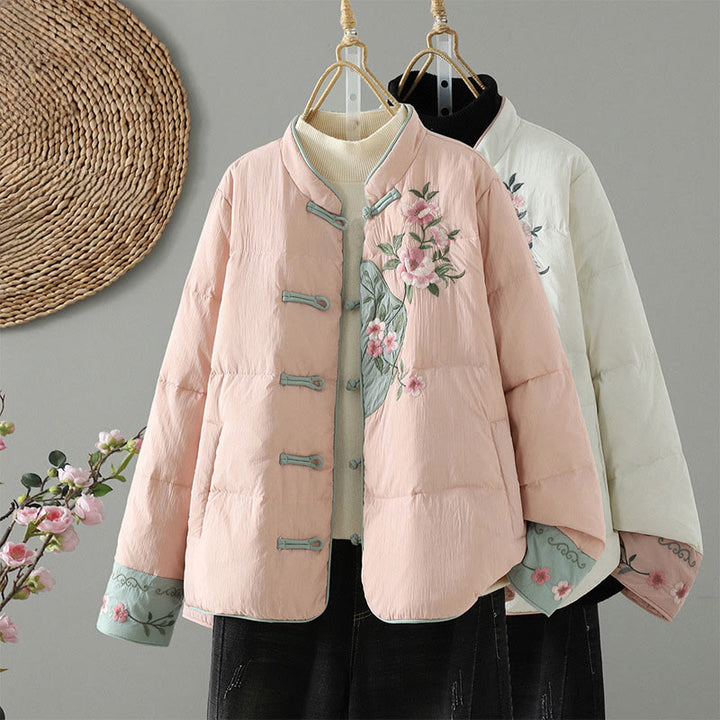 Buddha Stones , Pfirsichblütenstickerei, Froschknopfleiste, langärmelige Thermojacke für Damen mit Taschen - image 0