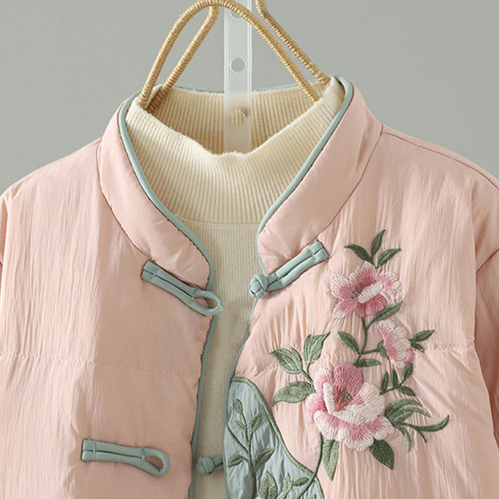 Buddha Stones , Pfirsichblütenstickerei, Froschknopfleiste, langärmelige Thermojacke für Damen mit Taschen - image 3