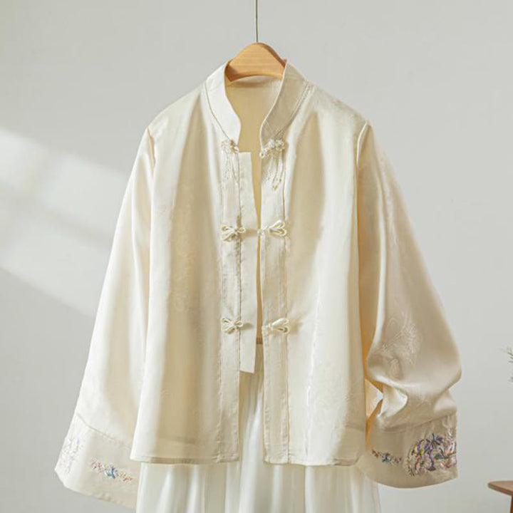 Damenjacke mit Buddha Stones , Herbstblumenstickerei, Froschknopf-Design und langen Ärmeln - Leinen - US 8-10, UK/AU 12-14, EU 40-42 (2XL) - image 0