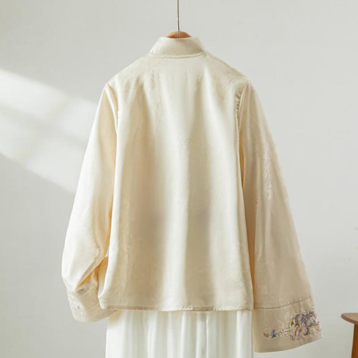 Damenjacke mit Buddha Stones , Herbstblumenstickerei, Froschknopf-Design und langen Ärmeln - image 1