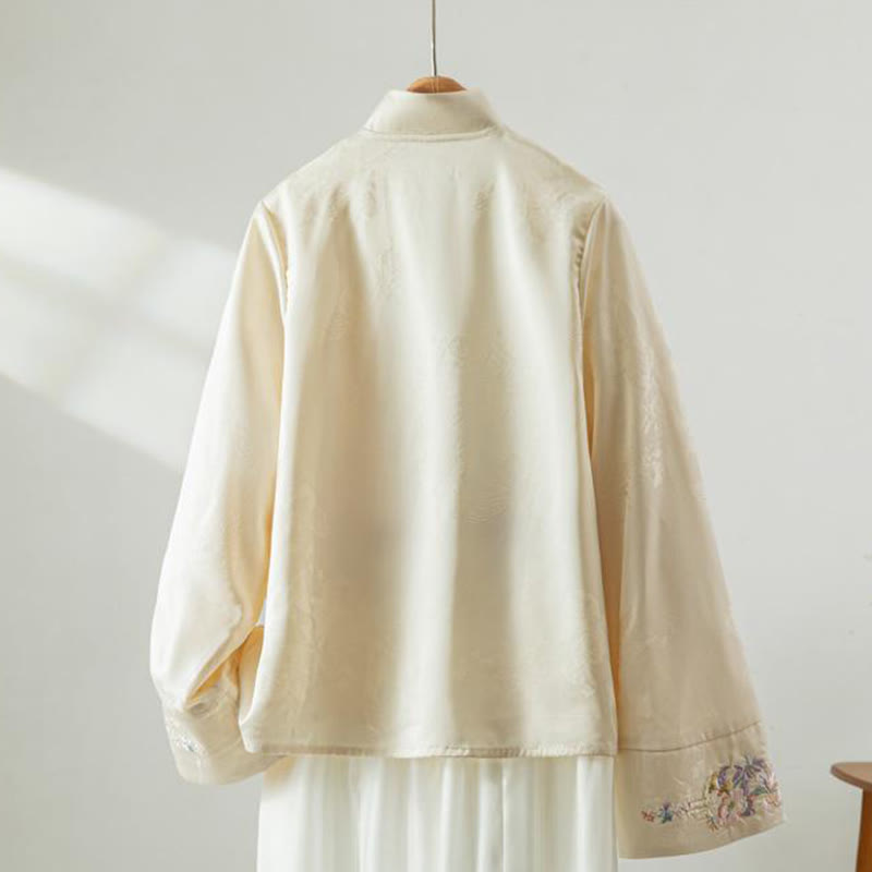 Damenjacke mit Buddha Stones , Herbstblumenstickerei, Froschknopf-Design und langen Ärmeln - image 1