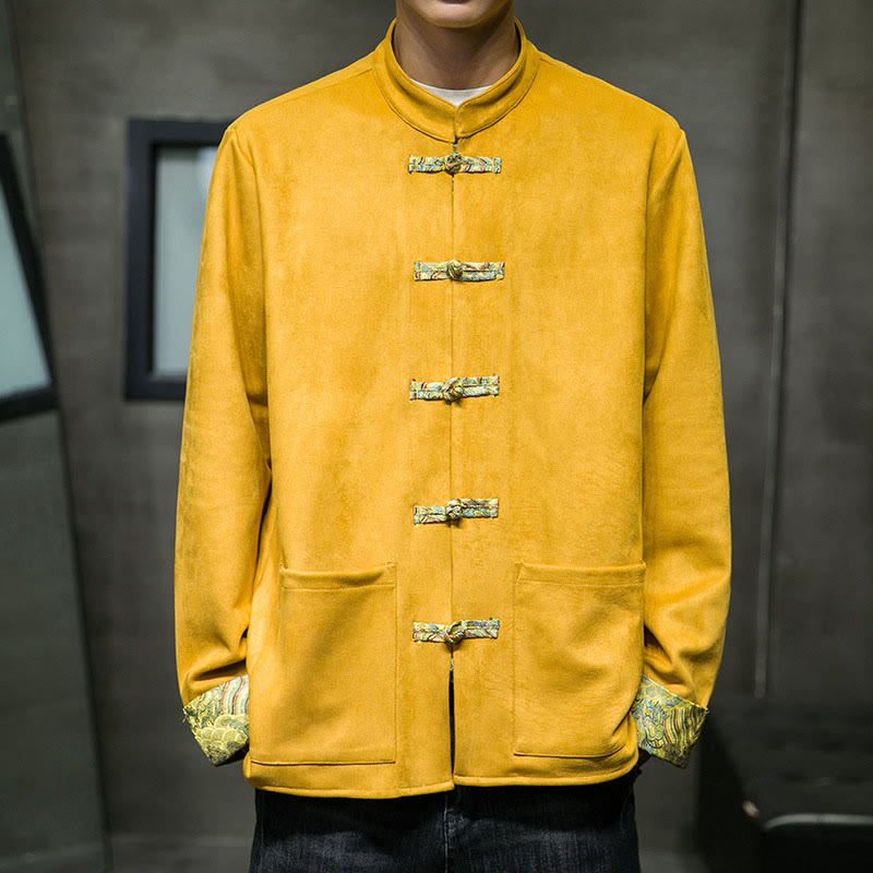 Buddha Stones Fall Waves Herren-Wildlederjacke mit Froschknopfverschluss und Taschen - Gold - US/ UK/AU42, EU52 (3XL) - image 0