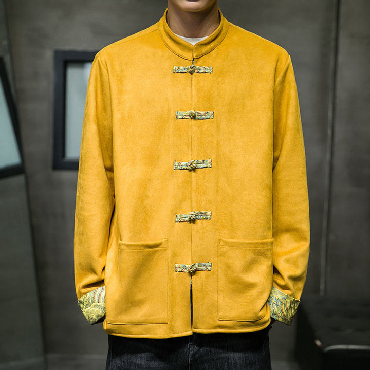 Buddha Stones Fall Waves Herren-Wildlederjacke mit Froschknopfverschluss und Taschen - Gold - US/ UK/AU42, EU52 (3XL) - image 0