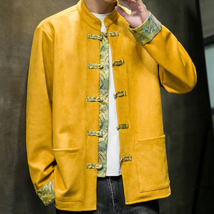 Buddha Stones Fall Waves Herren-Wildlederjacke mit Froschknopfverschluss und Taschen - image 1