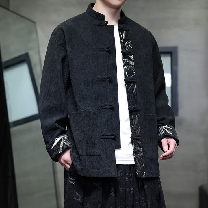 Buddha Stones Herbst Bambus Froschknopf Langarm Herren Cord-Baumwolljacke mit Taschen - Schwarz - US/ UK/AU46, EU56 (5XL) - image 5