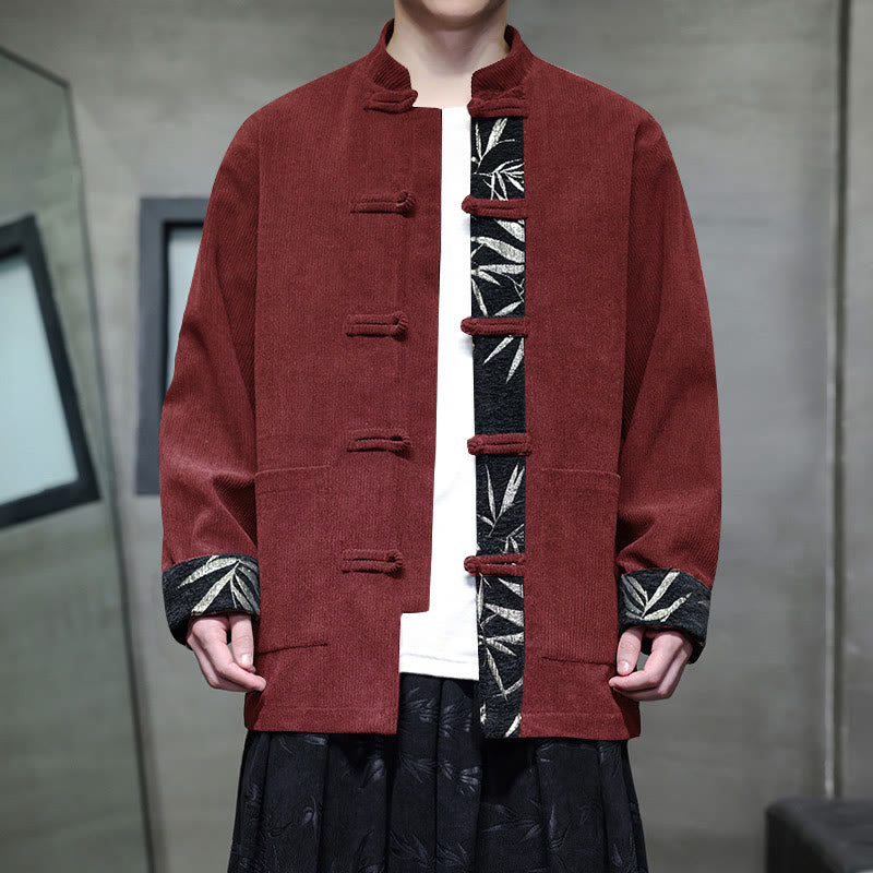 Buddha Stones Herbst Bambus Froschknopf Langarm Herren Cord-Baumwolljacke mit Taschen - Dunkelrot - US/ UK/AU46, EU56 (5XL) - image 0