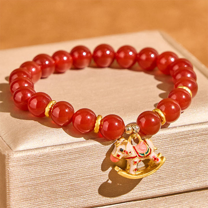 Buddha Stones Armband aus natürlichem Zinnober-Rot-Achat – Symbol für Ruhe und Selbstvertrauen, Jahr des Pferdes - Roter Achat & Rosa Pferd (Handgelenkumfang 14-17 cm) - image 7