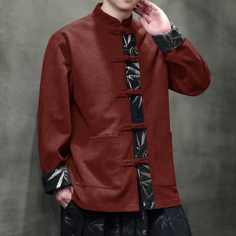 Buddha Stones Herbst Bambus Froschknopf Langarm Herren Cord-Baumwolljacke mit Taschen - image 1