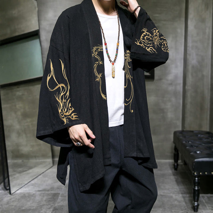 Buddha Stones, Drache, Phönix, offene Langarmjacke, Herren-Baumwollkimono - Schwarz - US/UK/AU46, EU56 (5XL) - image 0