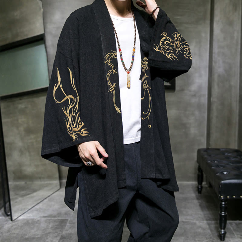 Buddha Stones, Drache, Phönix, offene Langarmjacke, Herren-Baumwollkimono - Schwarz - US/UK/AU48, EU58 (5XL) - image 0