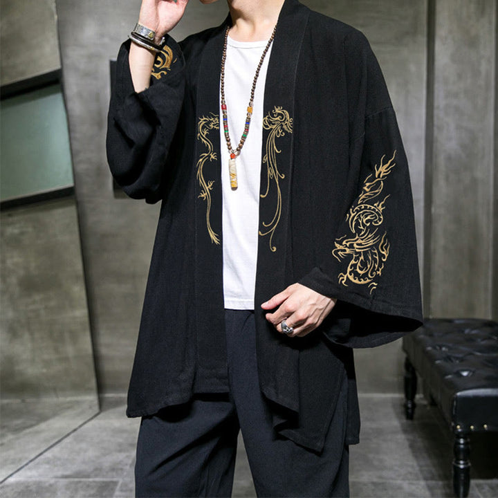 Buddha Stones, Drache, Phönix, offene Langarmjacke, Herren-Baumwollkimono - image 2