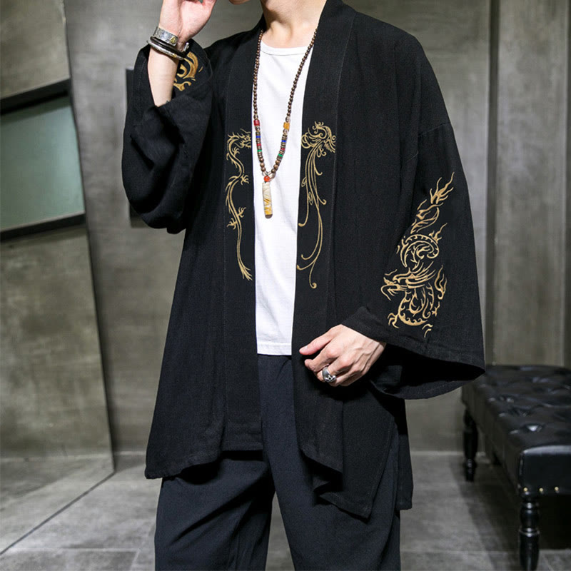 Buddha Stones, Drache, Phönix, offene Langarmjacke, Herren-Baumwollkimono - image 2