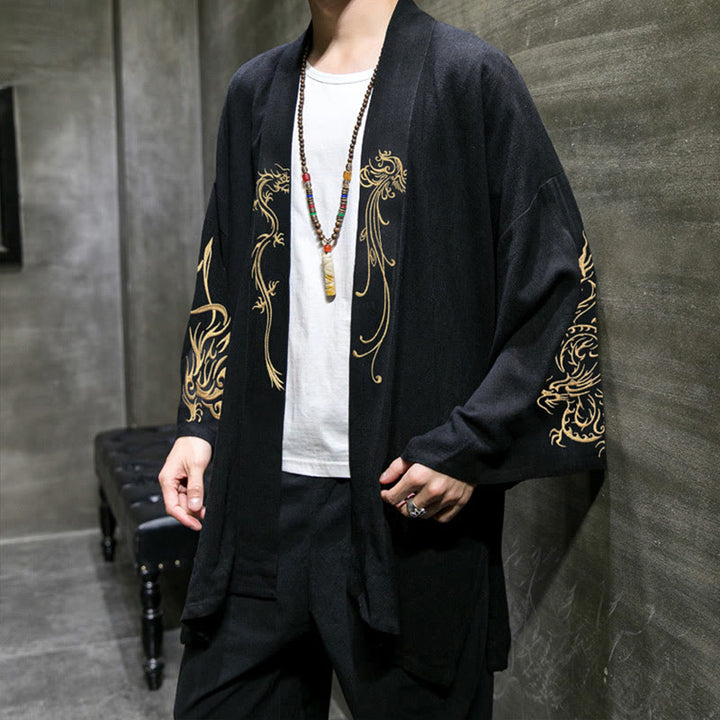 Buddha Stones, Drache, Phönix, offene Langarmjacke, Herren-Baumwollkimono - image 3