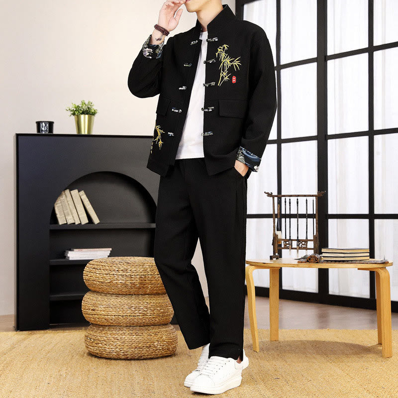 Buddha Stones 2-teiliges Tang-Anzug-Set mit Bambus-Knopfleiste, bestehend aus langärmligem Hemd und Hose. - Schwarz - US/ UK/AU44, EU54 (4XL) - image 0