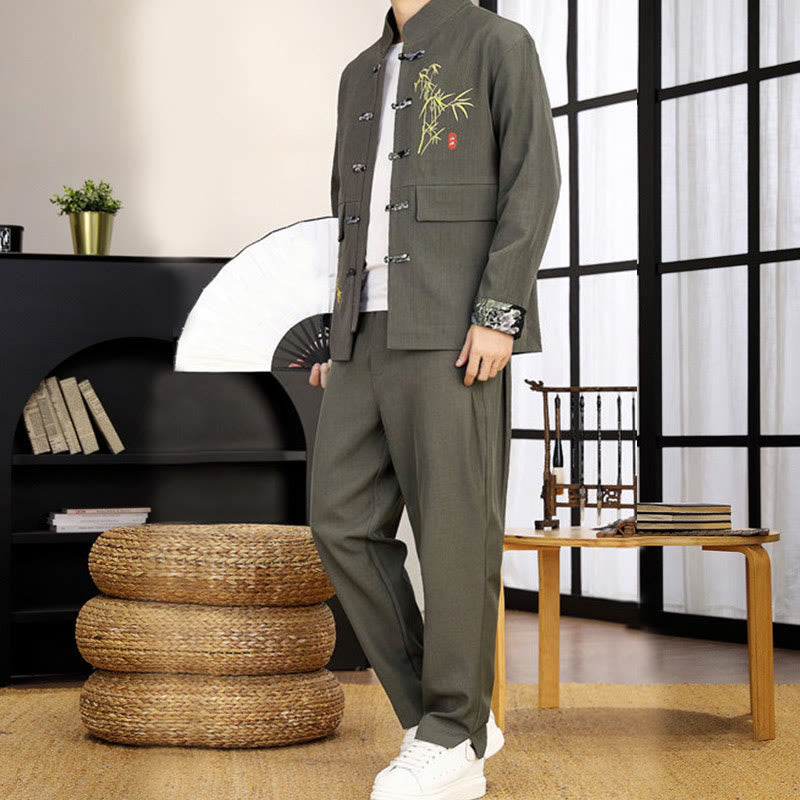 Buddha Stones 2-teiliges Tang-Anzug-Set mit Bambus-Knopfleiste, bestehend aus langärmligem Hemd und Hose. - image 16