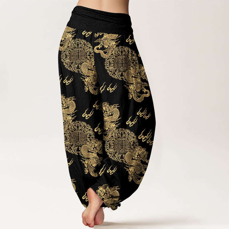 Damen-Haremshose aus reiner Baumwolle mit Buddha Stones, doppeltem Drachen- und Wolkenmuster, elastischem Bund - image 1