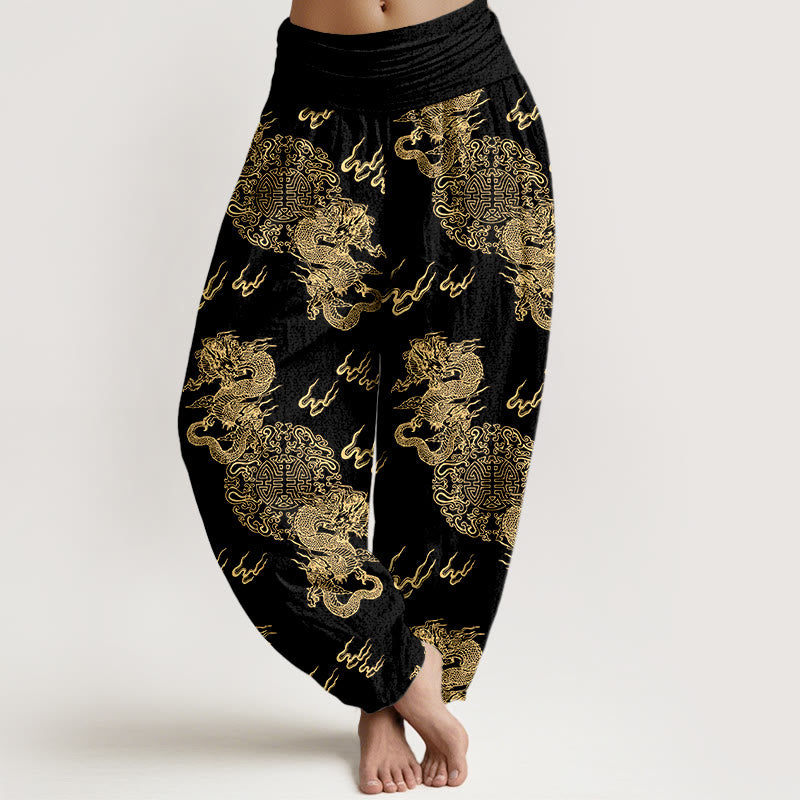Damen-Haremshose aus reiner Baumwolle mit Buddha Stones, doppeltem Drachen- und Wolkenmuster, elastischem Bund - Schwarz - US16, UK/AU20, EU48 (3XL) - image 0